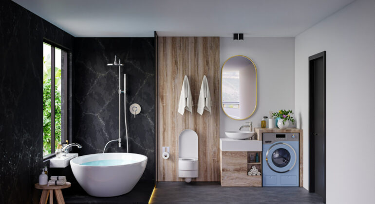 A luxurious bathroom featuring a freestanding tub and marble accents