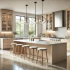 An open-concept kitchen with a large island and modern appliances.