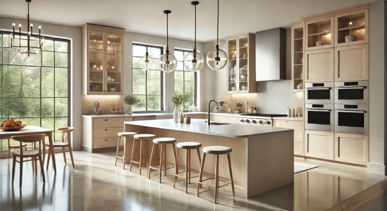 An open-concept kitchen with a large island and modern appliances.