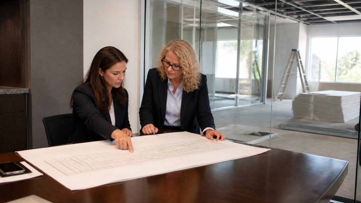 A project manager and a law firm office manager reviewing a printed renovation schedule spread across a conference table, a partially renovated office visible through the glass wall behind them, afternoon light