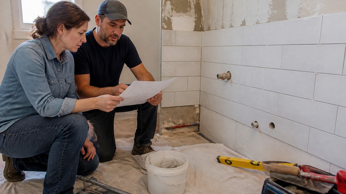 Contractor and homeowner reviewing a bathroom remodel schedule on a partially tiled construction site
