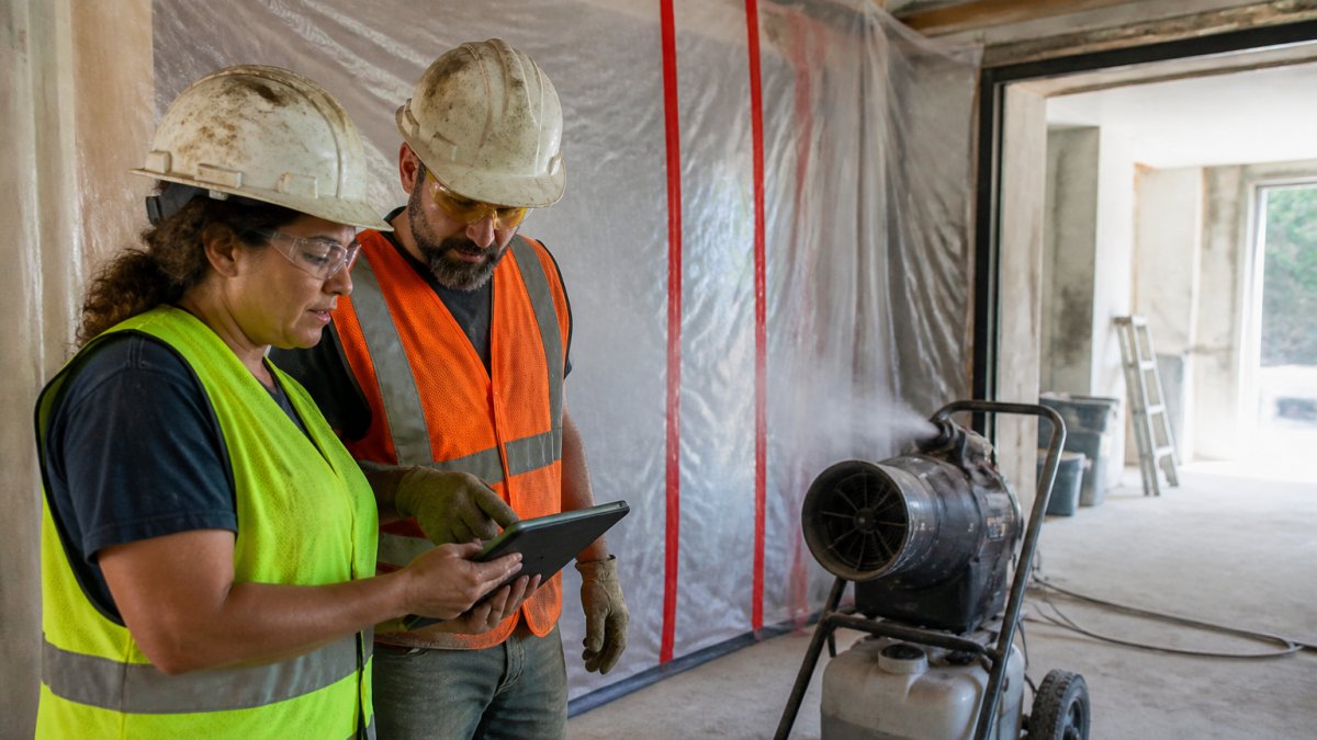 Construction team reviewing coordination checklist on tablet at work site with plastic containment barriers and misting equipment visible, natural lighting from work zone opening