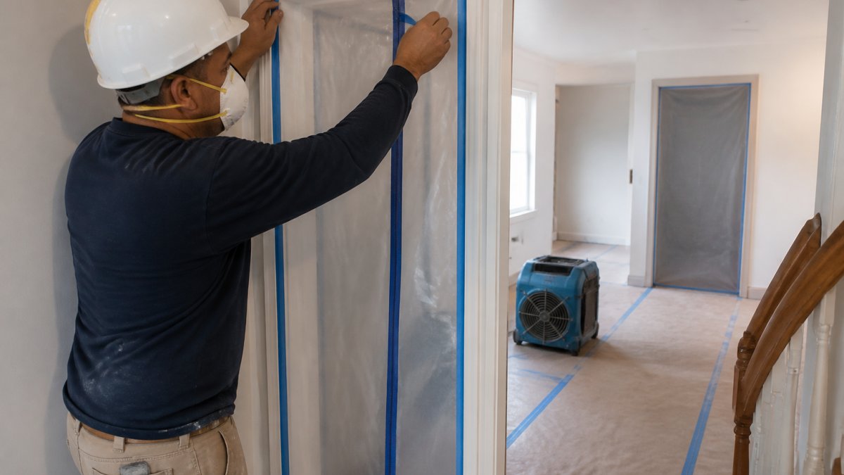 A remodeler in a hard hat and dust mask sealing a plastic zipper door over a doorway in an occupied home, with a HEPA air scrubber visible in the background of the work area